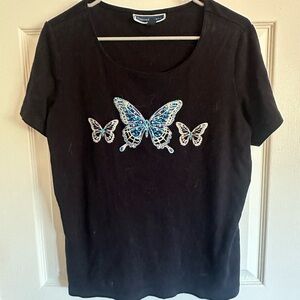 Karen Scott Black Top with Blue Butterfly Embellishments